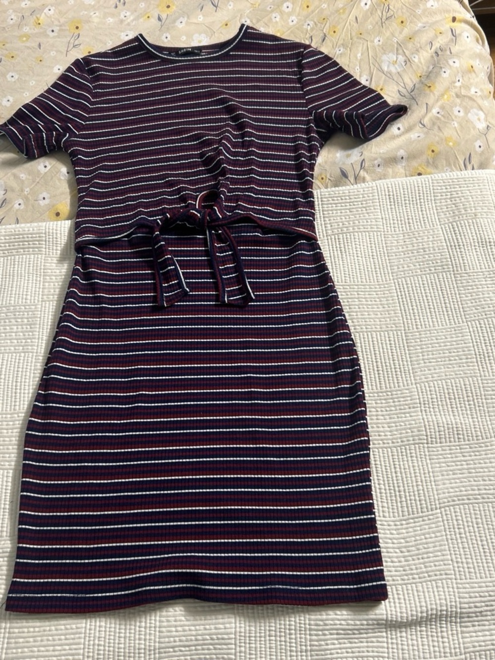 SHEIN Rib-Knit Striped Tie Front Mini Dress